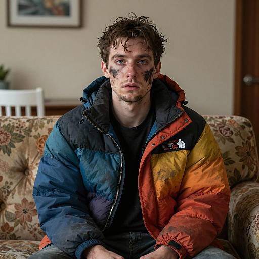 Man with Dirty Face in Puffy Jacket Sitting on Couch