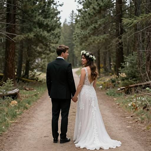 Photograph of a bride and groom holding hands on a forest path, with the bride in a white lace dress and floral crown, and the groom in