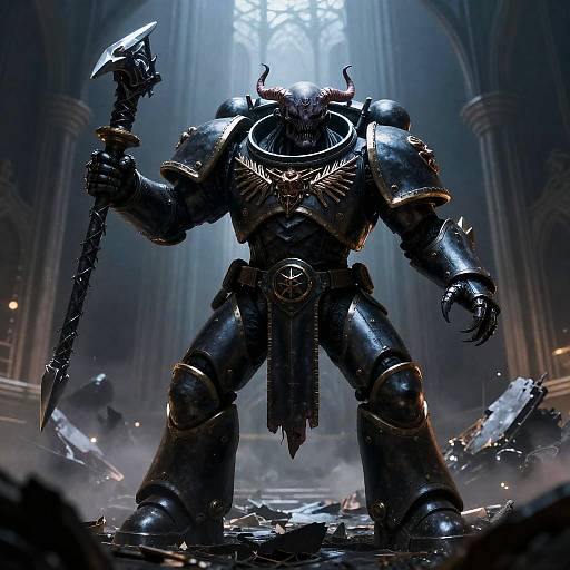 Warp-Tainted Chaos Marine in Ruined Cathedral