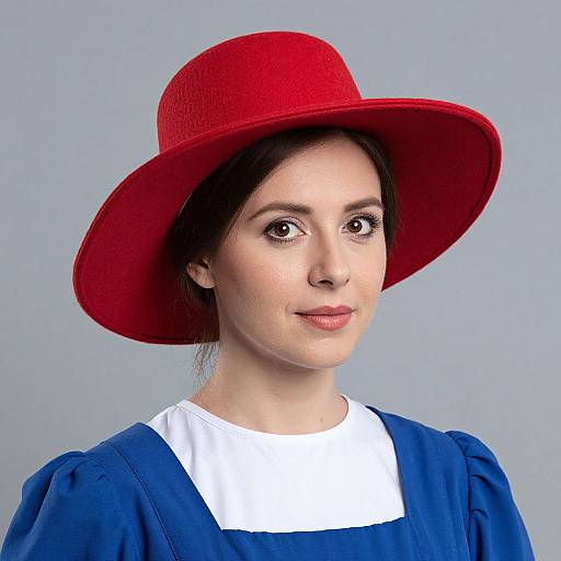 Photograph of a fair-skinned woman with dark brown eyes, wearing a bright red wide-brimmed hat, blue dress with white shirt, and