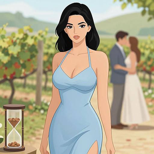 Digital illustration of a fair-skinned woman with black hair in a blue, cleavage-revealing dress, standing in a vineyard with an hour
