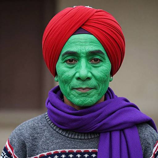 Person with Green Face and Colorful Attire