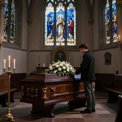 Young Man Standing Beside Coffin in Church