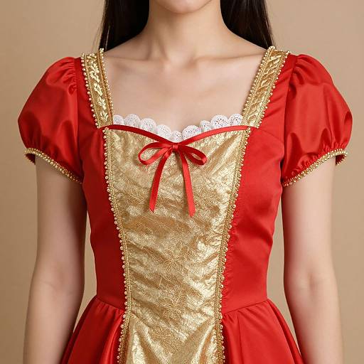 Photograph of a woman in a red and gold dress with puffed sleeves, lace trim, and red ribbon bow, against a beige background.