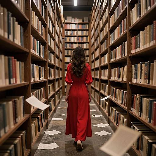 Photograph of a woman with long, wavy brown hair in a red dress, walking down a dimly lit library aisle with wooden shelves filled with