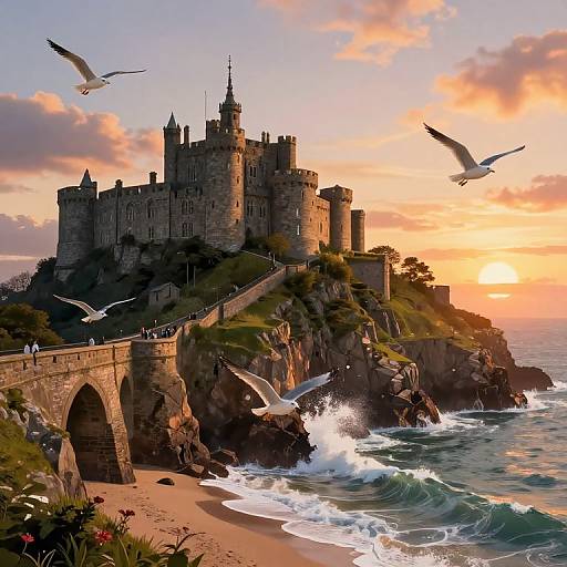Photorealistic digital painting of a majestic medieval castle perched on a rocky cliff at sunset, with seagulls flying, waves crashing, and a