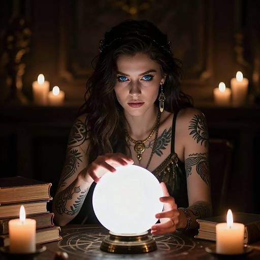 Tattooed woman with glowing blue eyes, dark curly hair, black dress, holding a bright orb, surrounded by candles, books, and dim