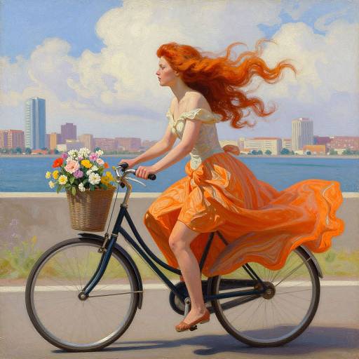 Digital painting of a red-haired woman in a flowing orange dress riding a black bicycle with a flower basket, against a city skyline and blue sky.