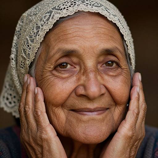 Photograph of an elderly woman with warm brown skin, wrinkled face, and soft smile, wearing a white lace headscarf, hands gently framing