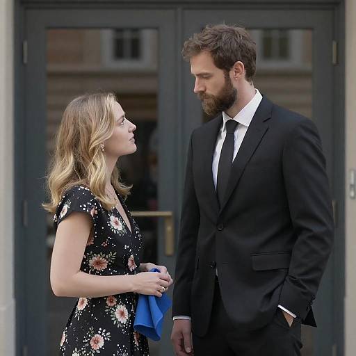 Man and Woman Conversing by Glass Door