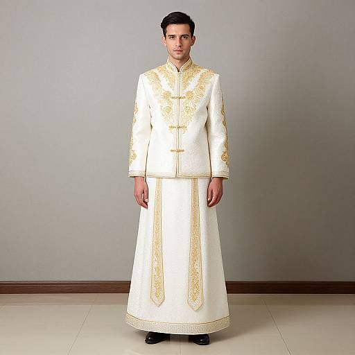 Photograph of a young man with short dark hair, wearing an ornate white traditional long coat with gold embroidery, standing against a plain gray wall.