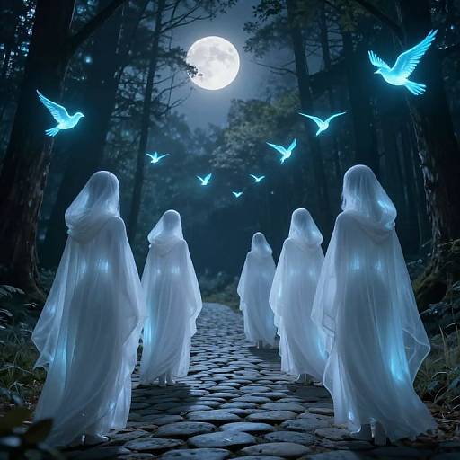 Photograph of ethereal, glowing white ghost-like figures walking on a cobblestone path under a full moon in a dark, misty forest,