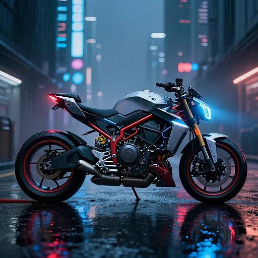 Neon-lit, futuristic city street at night with a sleek, red and blue neon-accented motorcycle parked on a wet, reflective road.
