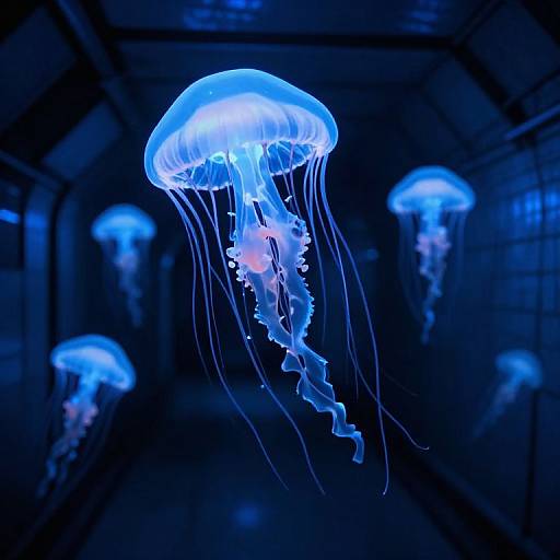 Photograph of glowing blue jellyfish with translucent, flowing tentacles in a dark aquarium tunnel, illuminated by soft blue lighting.