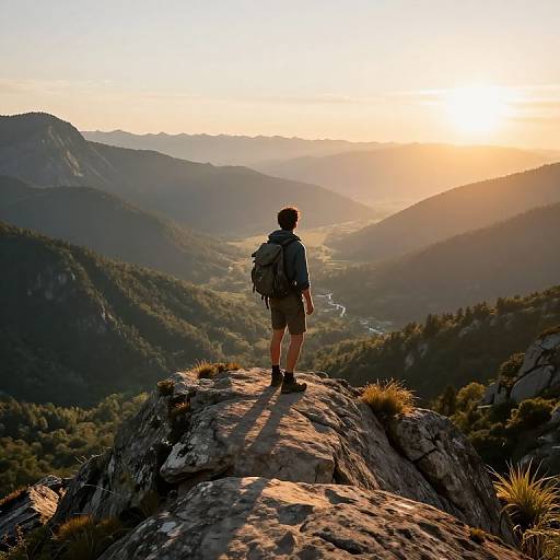 Photograph of a hiker with a backpack, standing on a rocky peak, gazing at a sunlit, mountainous valley at sunrise.