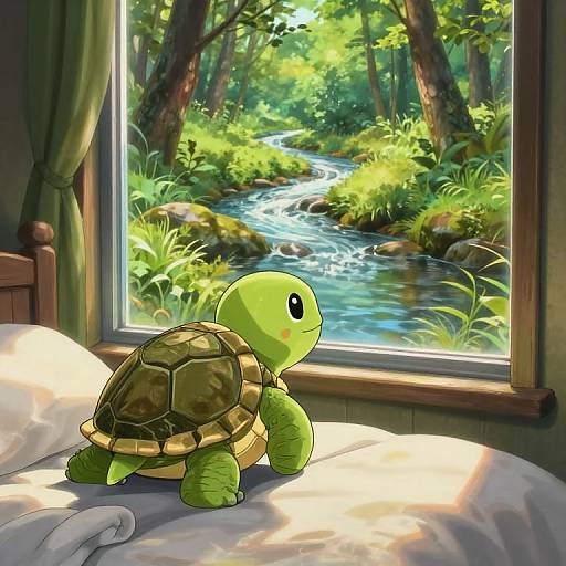 Digital illustration of a cute, green cartoon turtle with a brown shell on a white bed, gazing out a window at a sunlit forest stream.