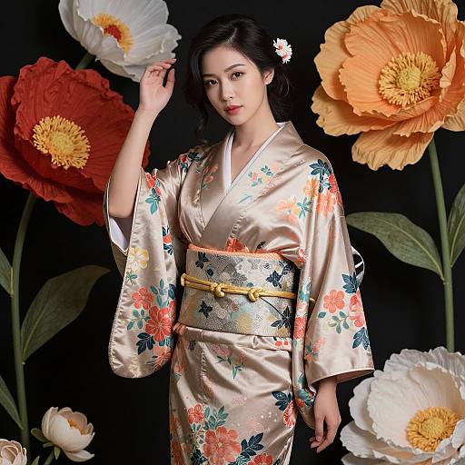 Elegant Woman in Silk Floral Kimono