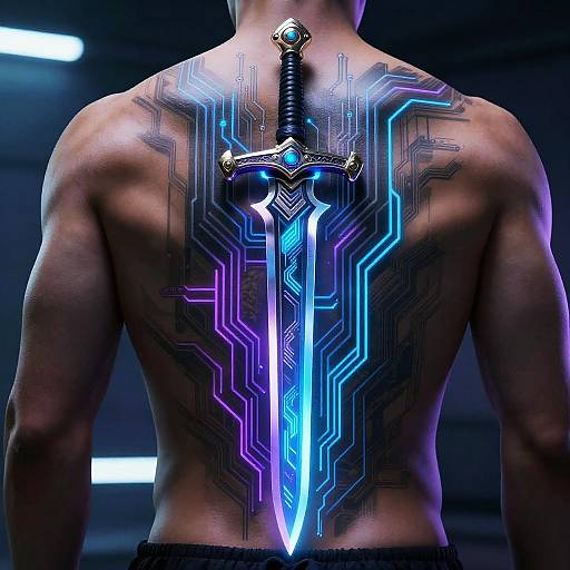 Futuristic Cyberpunk Sword Back Tattoo