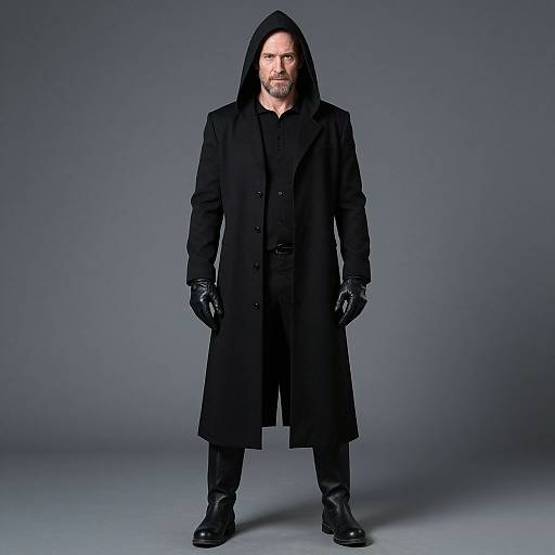 Photograph of a bearded man in a black hooded coat, black gloves, and boots, standing against a gray background.