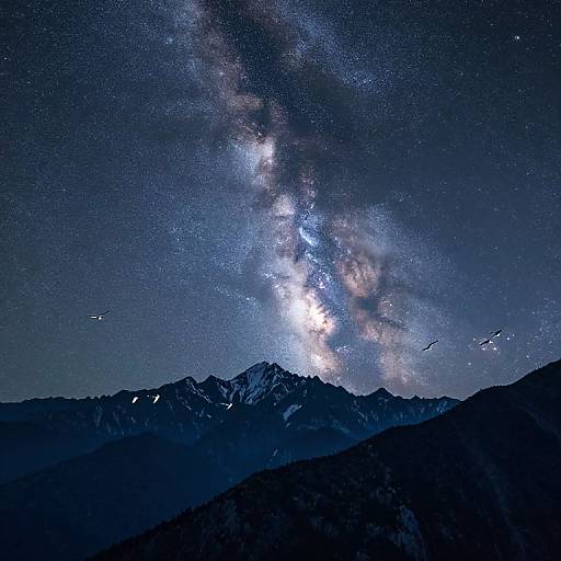 Photograph of a night sky with the Milky Way galaxy stretching across, mountains silhouetted in the foreground, and three birds flying.