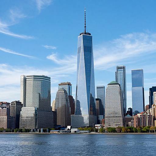Photograph of New York City skyline with One World Trade Center prominently rising, surrounded by various skyscrapers, under a bright blue sky, in front