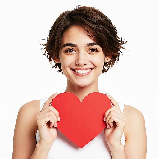 Photograph of a smiling young woman with short brown hair, holding a red heart against a white background, wearing a white sleeveless top.