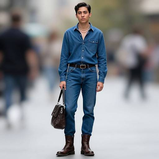 Photograph of a young man with short dark hair, wearing a blue denim shirt, matching jeans, brown boots, black belt, and holding a brown