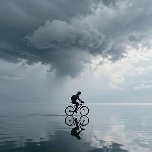 Silhouetted cyclist rides on calm, reflective water under dramatic, cloudy sky, with sunlight piercing through clouds. Minimalist, ethereal photograph.