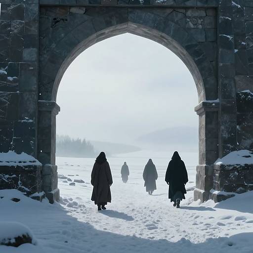 Photograph of four silhouetted figures in dark cloaks walking through a snow-covered stone archway into a bright, snow-laden landscape.