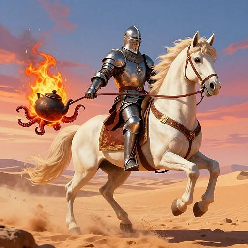 Knight in silver armor rides white horse, holding flaming cauldron, against vibrant sunset desert sky; dynamic and epic fantasy scene.