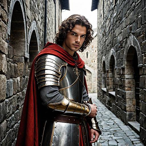 Young Man in Medieval Armor and Red Cloak