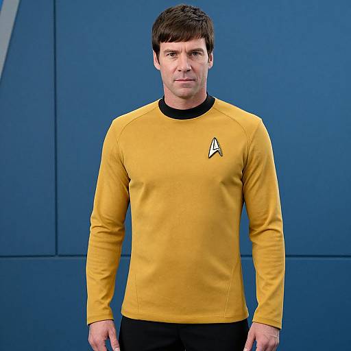 Photograph of a white man with short brown hair, wearing a yellow Star Trek crew shirt with black collar, standing against a blue geometric background.
