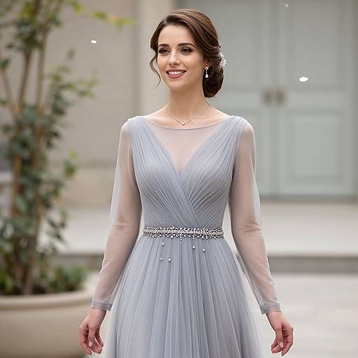 Photograph of a smiling woman with light skin and brown hair in an elegant, sheer long-sleeve white gown with a deep V-neck and sparkling