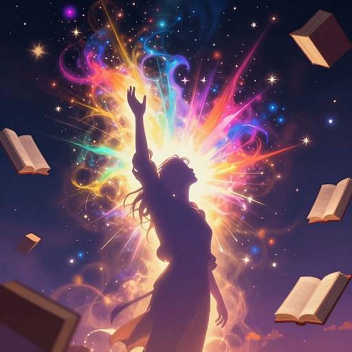 Silhouetted anime girl with raised arm, surrounded by vibrant, colorful cosmic light, and floating books against a starry night sky. Digital art