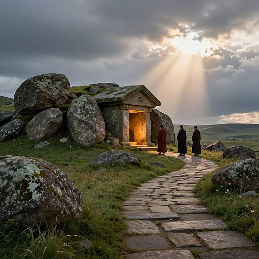 Photograph of a small stone hut with glowing light, surrounded by massive boulders, four people in dark coats standing on a stone path, sunlight