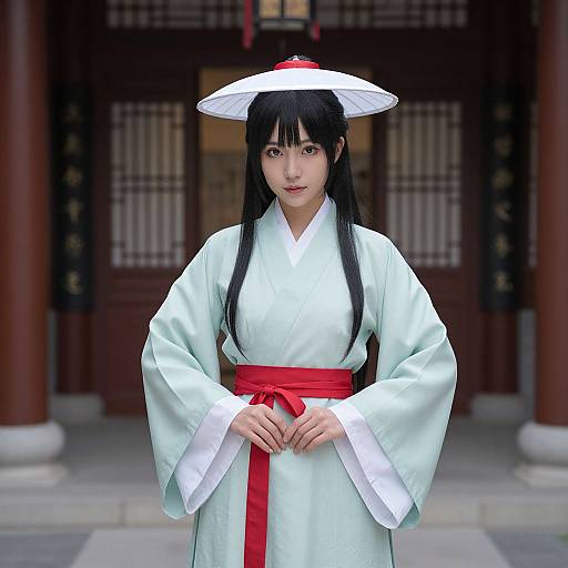 Photograph of an Asian woman in a white kimono with a red sash, black hair, and wide-brimmed white hat, standing in