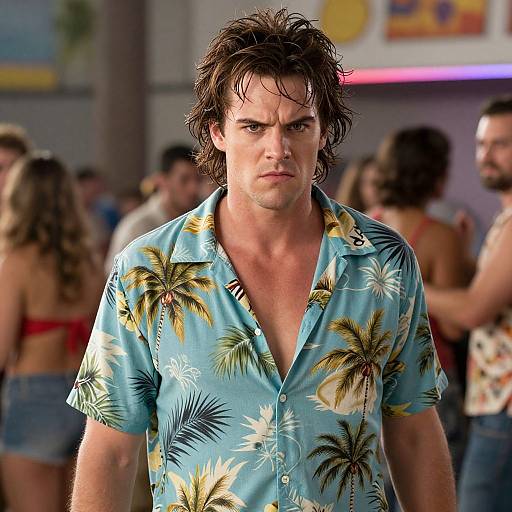 Photograph of a serious-looking, wet-haired man in a blue, tropical-patterned shirt, standing in a crowded, brightly lit bar.