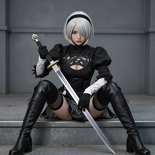Cosplay Woman with Sword in Black Outfit