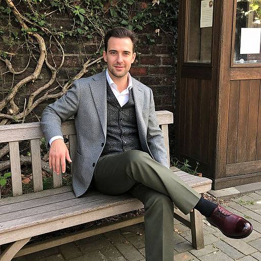 Photograph of a smiling man with dark hair, wearing a gray blazer, white shirt, gray vest, green pants, and brown shoes, sitting