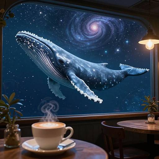 Photograph of a coffee shop with a window mural of a glowing blue whale in outer space, steaming cup in foreground, warm light, potted