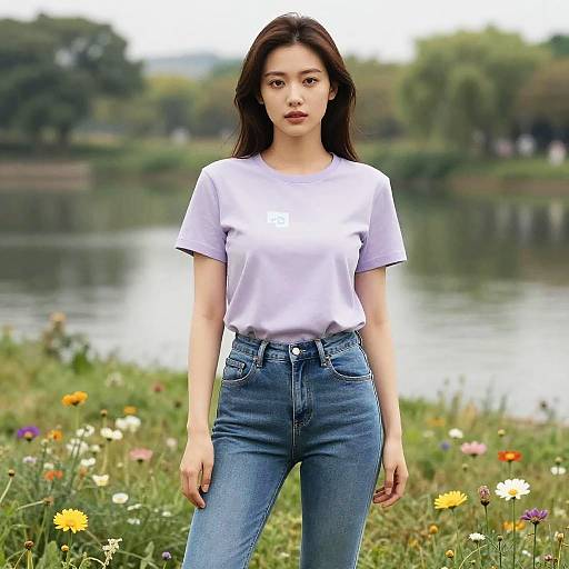 Woman in Pastel Tee by Lake