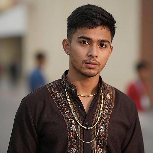 Photograph of a young South Asian man with short black hair, dark brown eyes, and light brown skin wearing an ornate black shirt with gold embroidery