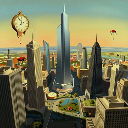 Digital artwork of a surreal cityscape with a giant clock, umbrella, and towering skyscrapers; bright yellow-orange sky, green park below.