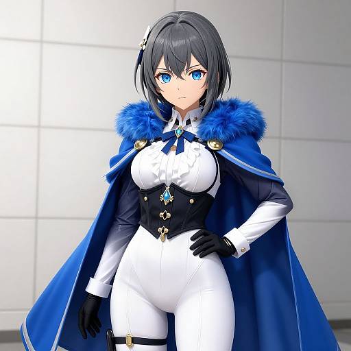 Anime-style digital illustration of a confident, blue-eyed, black-haired woman in a white bodysuit, black corset, blue fur-trimmed