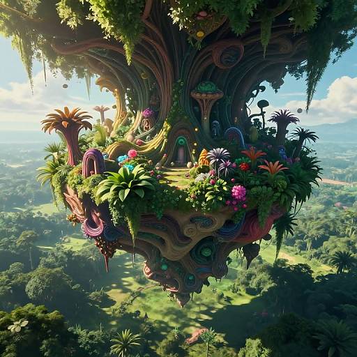 Fantastical floating treehouse with vibrant, whimsical plants, colorful flowers, and ornate carvings, suspended above lush, sunlit jungle