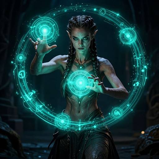 Digital artwork of a muscular, dark-haired, elven woman with glowing blue magic circles around her, casting spells in a dim forest.