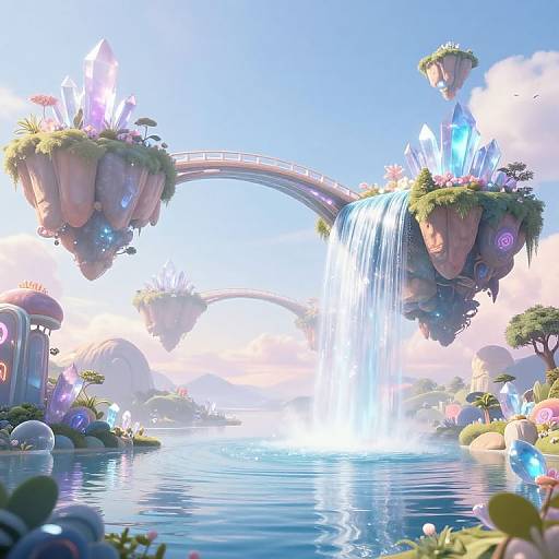 Fantastical CGI landscape with floating rock islands, glowing crystals, arch bridge, waterfall, and vibrant blue sky, surrounded by a serene, reflective water