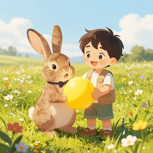 Boy and Bunny in Wildflower Meadow