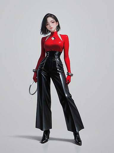 Digital artwork of a confident woman with short black hair, wearing a red latex top, black high-waisted latex pants, and black gloves, holding