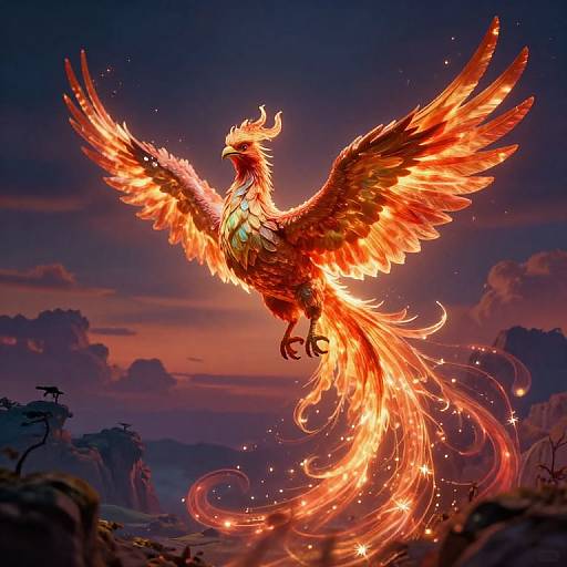 Digital painting of a radiant, fiery phoenix with outstretched wings, glowing orange and red feathers, and a long, flowing tail, soaring against a